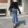 Blue Package Hip Women Summer High Waist Slim Stretch Hundred Thin Design Side Split Fishtail Skirt Versatile Comfortable Fashion Denim Bustier Skirt