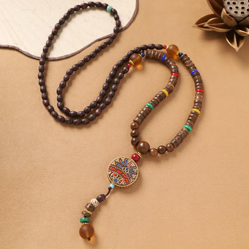 Nepalesiskt halsband retro litterärt träpärlat långt exotiskt tröjkedja damaccessoarer