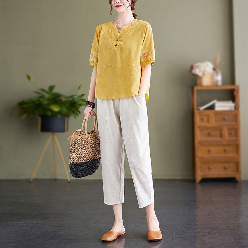 Chic Embroidered Cotton Linen Plus Size Summer Suit for Women - Short Sleeve Two-Piece Set