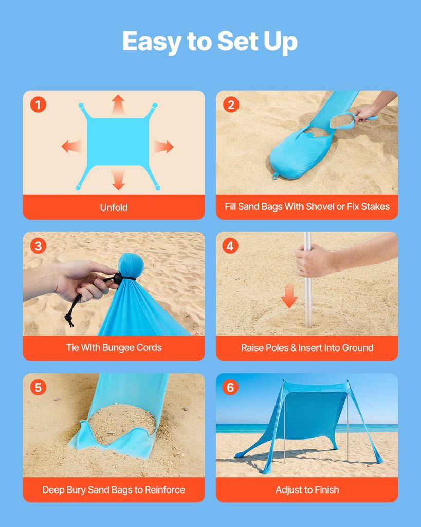 VEVOR Beach Tent Sun Shelter, UPF50+ Sun Protection, 2 M Tall, 3.4 X 3.4 M, Easy Pop Up Beach Canopy with Sandbags, Stability Poles, Sand Shovels