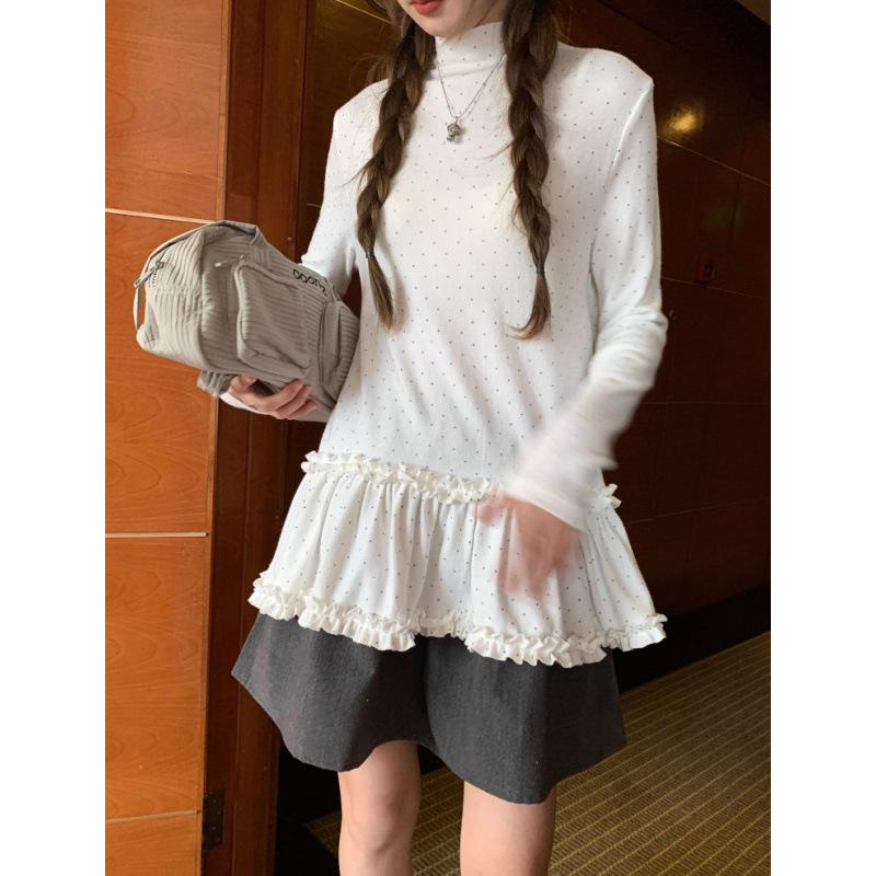 Korean-Style Polka Dot Ruched Long Sleeve T-Shirt – Autumn/Winter Slimming Casual Top S белый