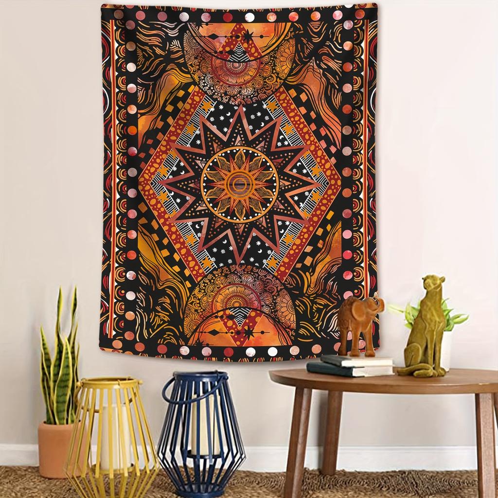 Pomarańczowa Hippie Mandala Gobelin Słońce i Księżyc: Fajna Estetyczna Dekoracja Ścienna – Idealna do Sypialni, Salonu, Akademika i Wystroju Domu