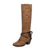 Fashion 2024 Winter Women Boots Shoes Fashion Vintage Lace-up Boots Women Round Cowboy High Heels Booties Shoes Woman Botas Mujer
