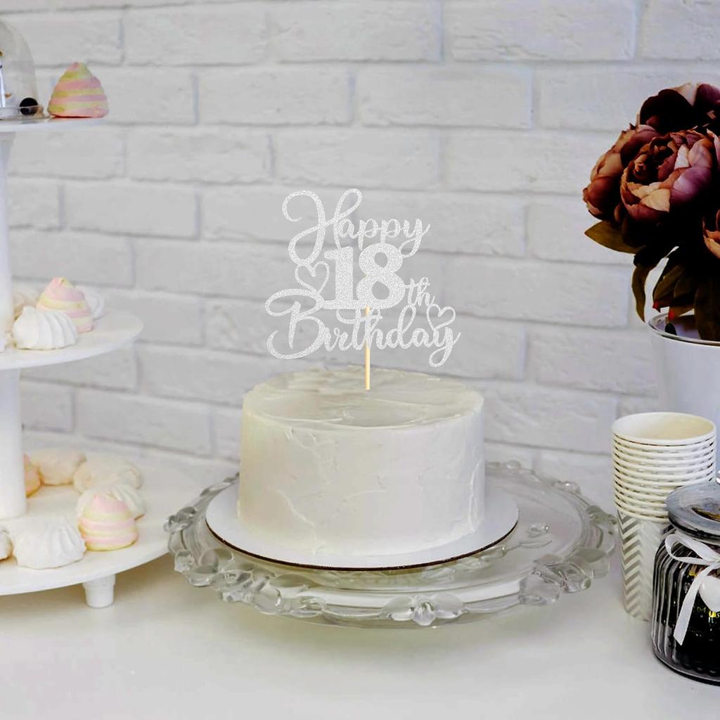 Sotpot 1PC Happy 18th Birthday Cake Topper Double-sided Silver Glitter Cake Pick Cake Decoration for 18th Birthday Anniversary Party Cake Decorations