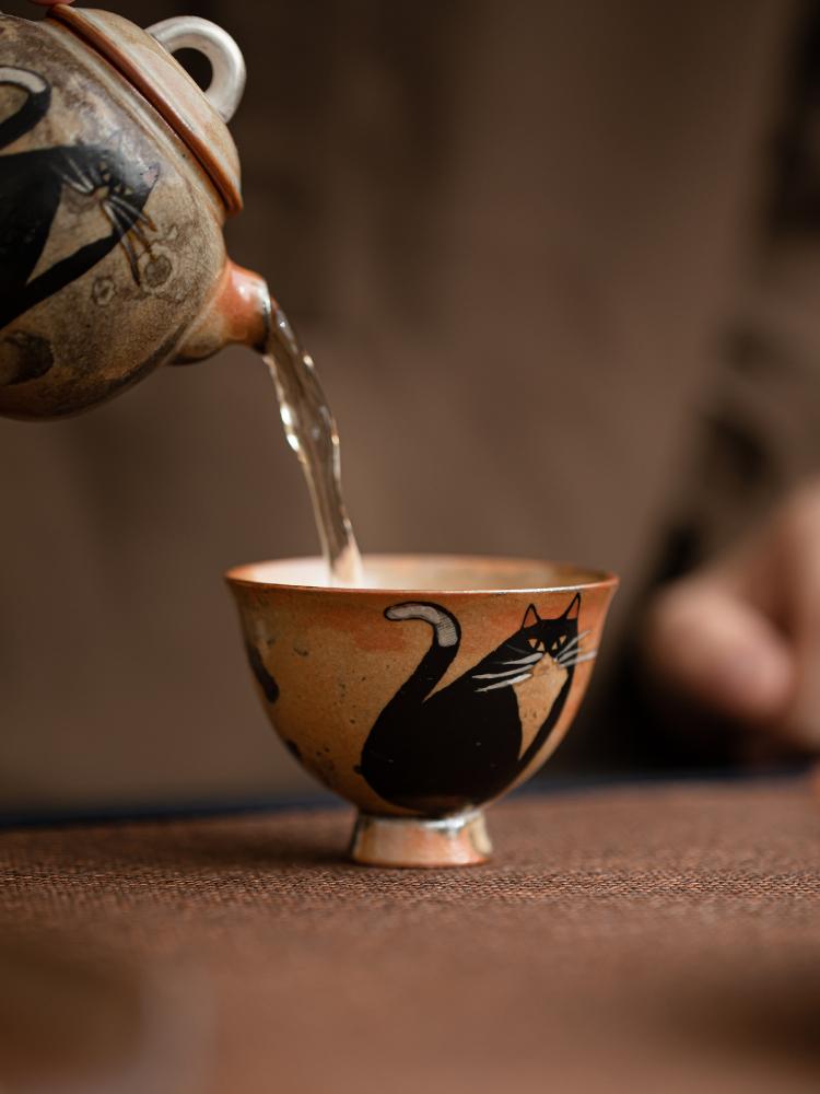 60ml Cute Zhi Ye Cat Teacup Chinese Ru Yao Ceramic Opening Cup Pottery Beautiful Cups Tea Cup Set Teaware For Tea Ceremony