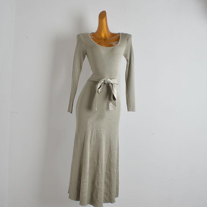 Foreign Trade Order Long Sleeve Knitted Dress Women Clothes Spring and Autumn Gyaru Sexy Hollow-out Backless Waist Lace-up Sheath Long Dress