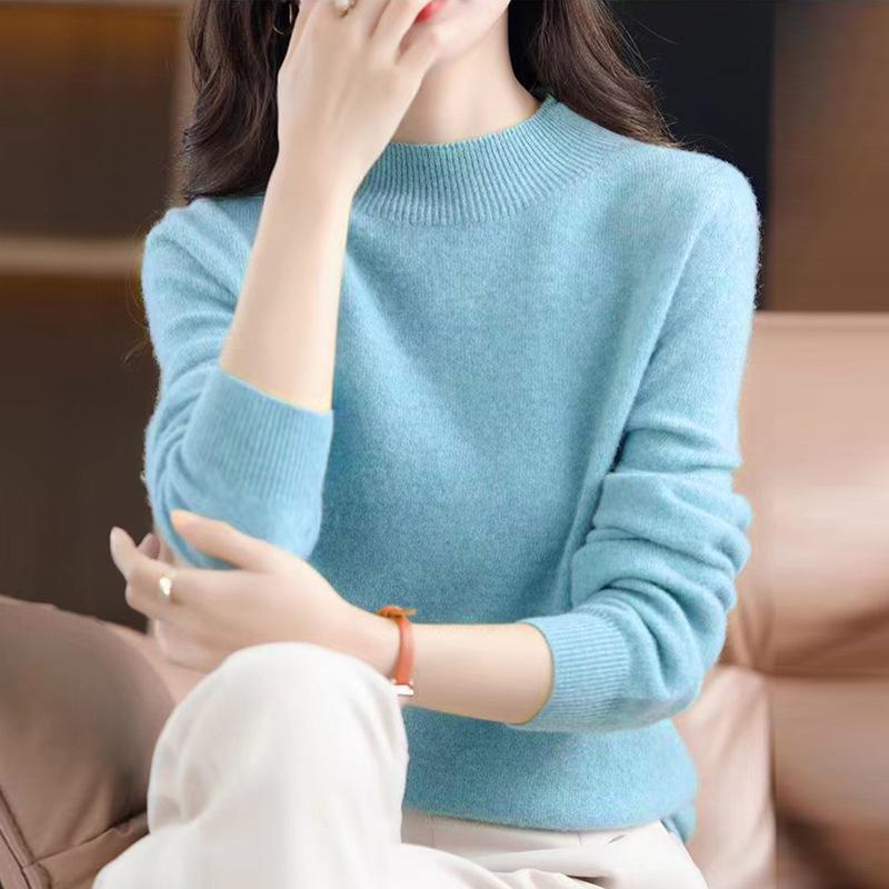 Women's Seamless Knit Half-High Neck Pullover: Loose, Slim-Fitting, Long Sleeve Sweater for Autumn/Winter