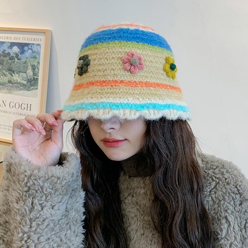 Knitted Basin Hat Autumn Winter Wool Hat Women's Colorful Flower Fisherman Hat