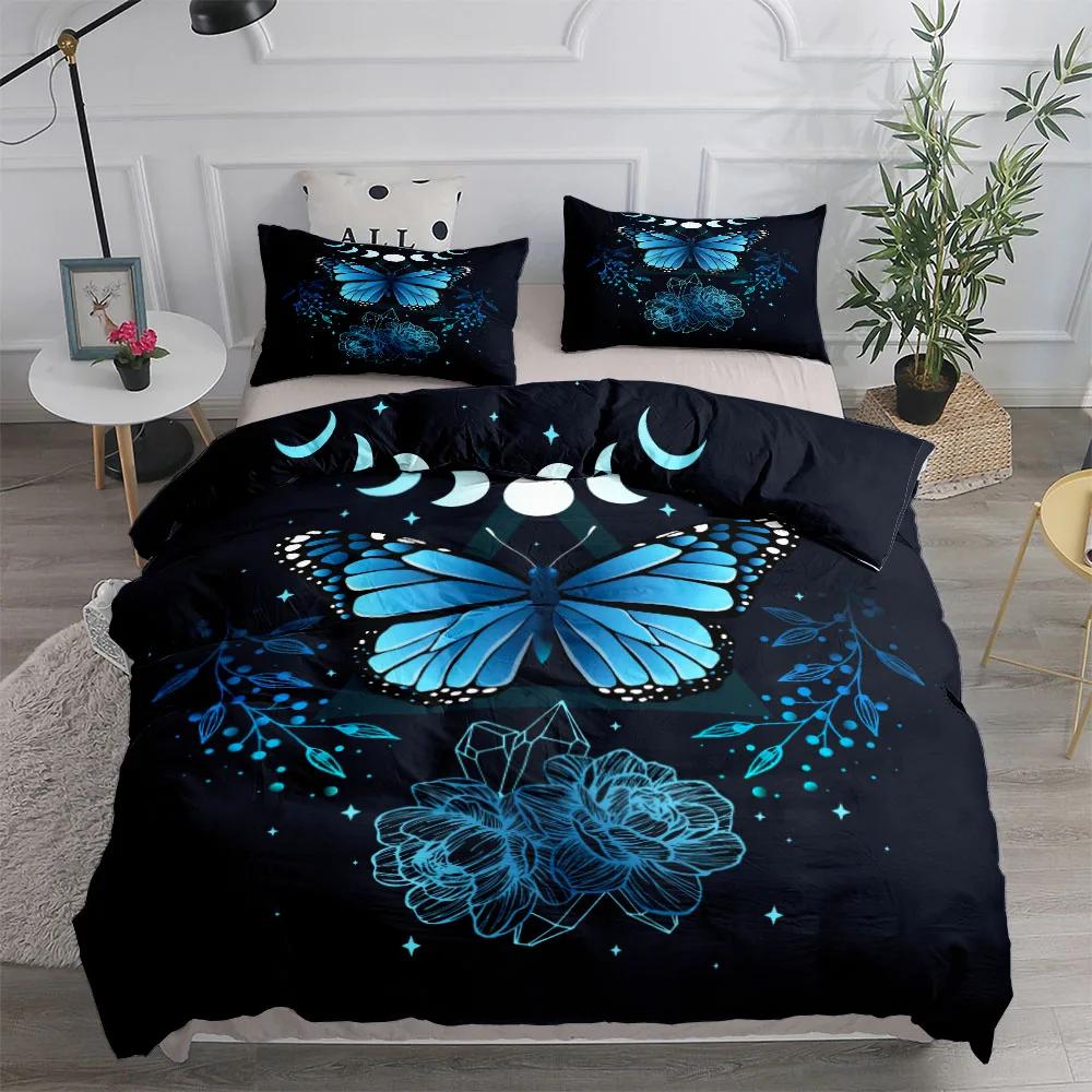 3pcs Neon Butterfly Girl Duvet Cover Set EU Single Double King US Twin Full Queen Size  Bed Linen Set Washed Cotton Duvet Cover