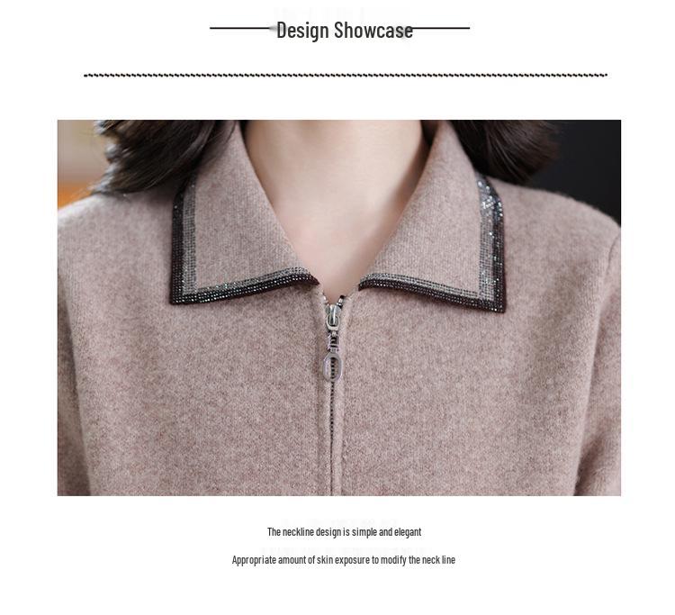 100% Pure Wool Women's Zipper Stand Collar Sweater Coat for Spring and Autumn/Winter Warmth, Ideal for Mid-Aged and Elderly
