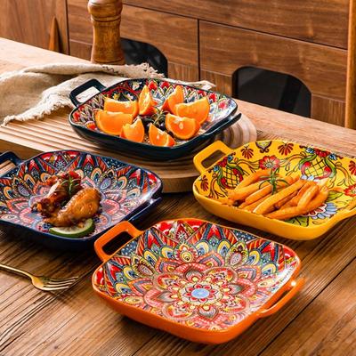 Vaisselle Poignée Binaurale Céramique Bohème Assiette Carrée Rétro Plat à Salade Coloré Plat à Fruits Micro-ondes