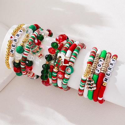 European & American Christmas Letter Polymer Clay Beaded Bracelet with Holiday Pendant - Handmade Ladies' Gift