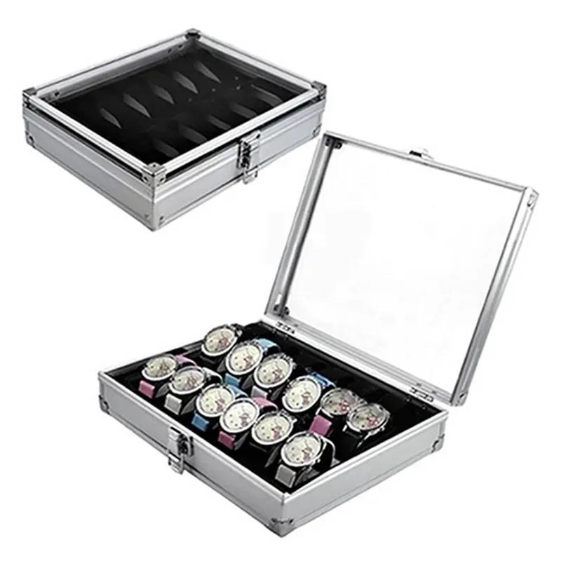 12 Slots Useful Aluminium Watch Boxes Jewelry Watches Display Storage Box Square Case Suede Inside Rectangle Clocks Holder