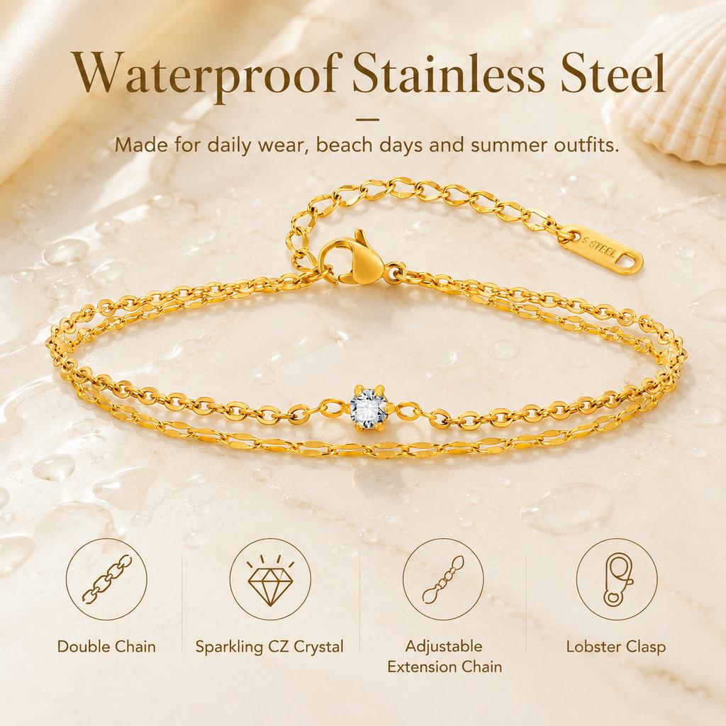 Bracelet de Cheville Superposé Imperméable pour Femmes, Chaîne de Pied Ajustable en Acier Inoxydable Doré avec Zirconia, Bijou
