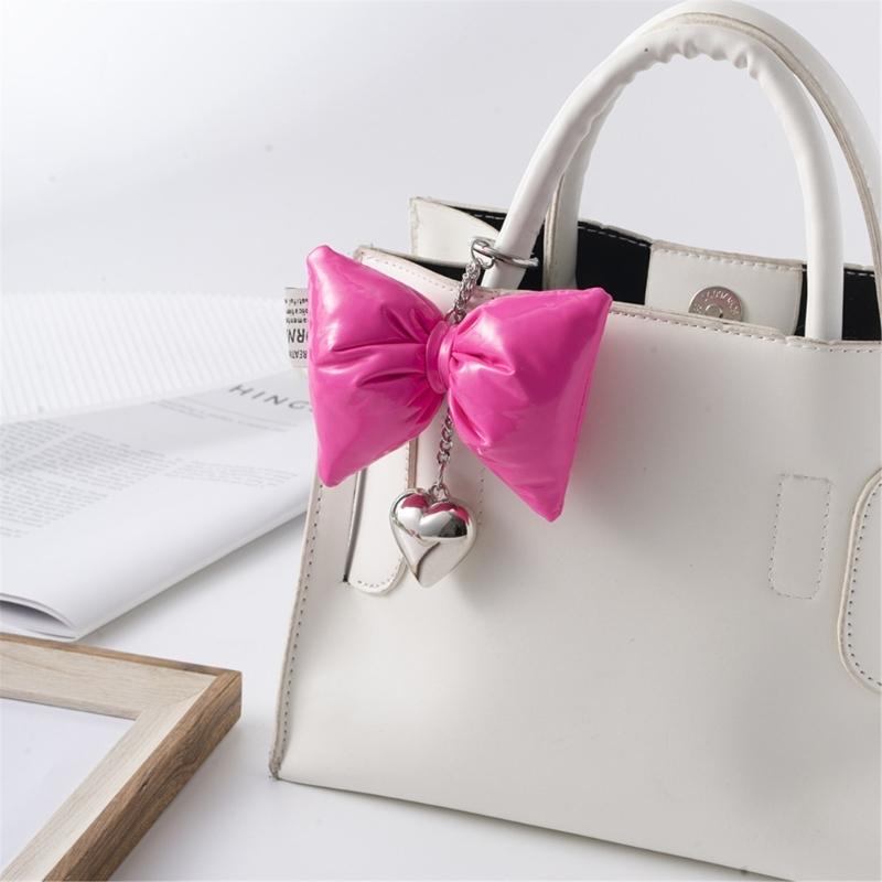Sweet Lovely PU Leather Bowknot Heart Keychains Pendant Hangings Ornament Keyring Backpack Decoration for Women Girls