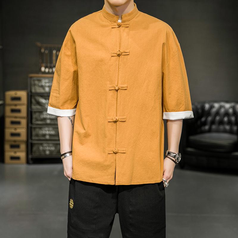 Men’s Summer Ice Silk Chinese Buttoned Short-Sleeve Tang Suit Shirt, Cotton-Linen Hanfu Zhongshan Retro Style