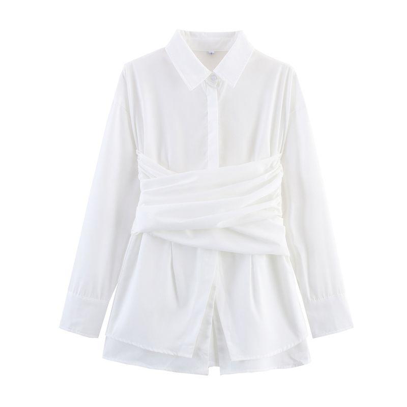 

Kaslead New Women clothes Western Style Solid Lace-up Pleat Shirts Fake Two Pieces Shirts White L