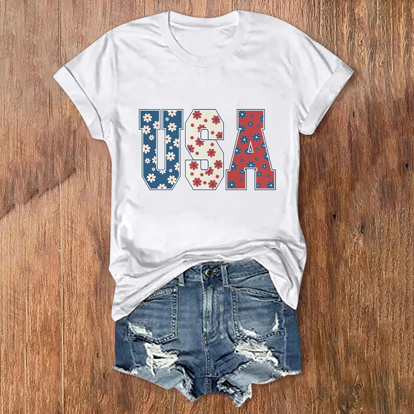 

Жіночі футболки 4 липня Американський прапор США Патріотичні з короткими рукавами Повсякденні милі футболки з малюнком Блузки Топи XL білий