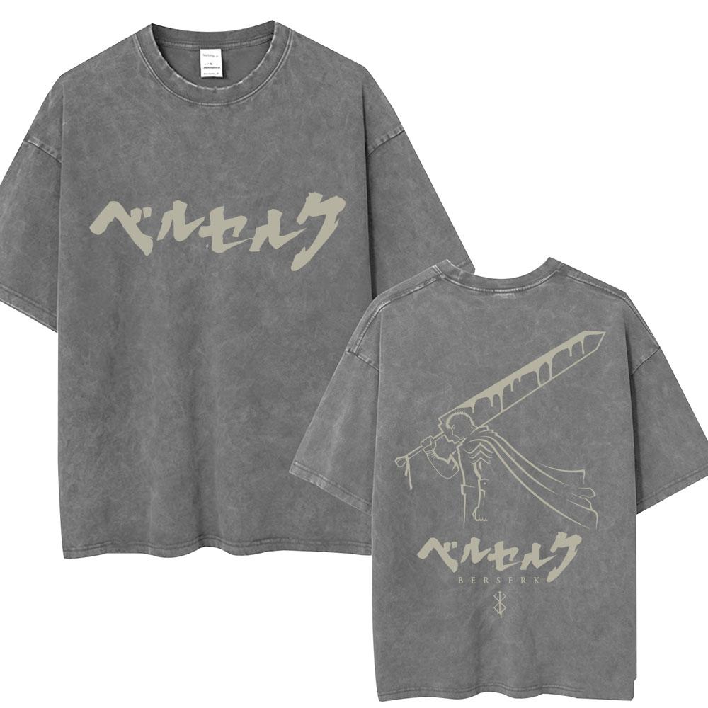 Vintage Washed Anime Berserk Guts T Shirt Swordsman Gatsu Sacrifice Zodd Harajuku TShirt Men Women Loose Cotton Tees Streetwear