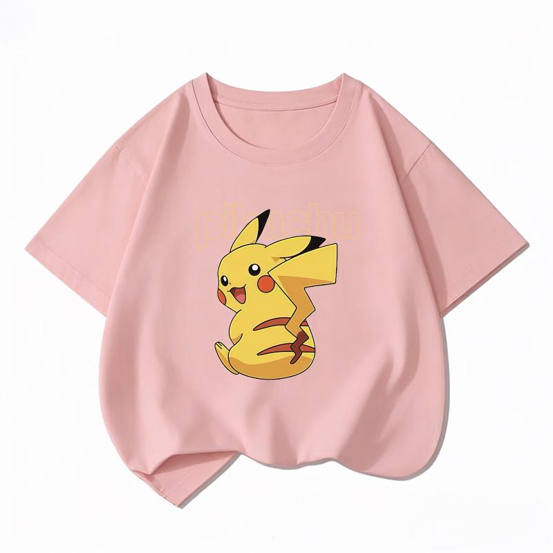 Potdemiel Kids Cotton Tshirt Cute Pikachu Cartoon Print Summer Short Sleeve Breathable Crew Neck Boys Girls Casual Tops