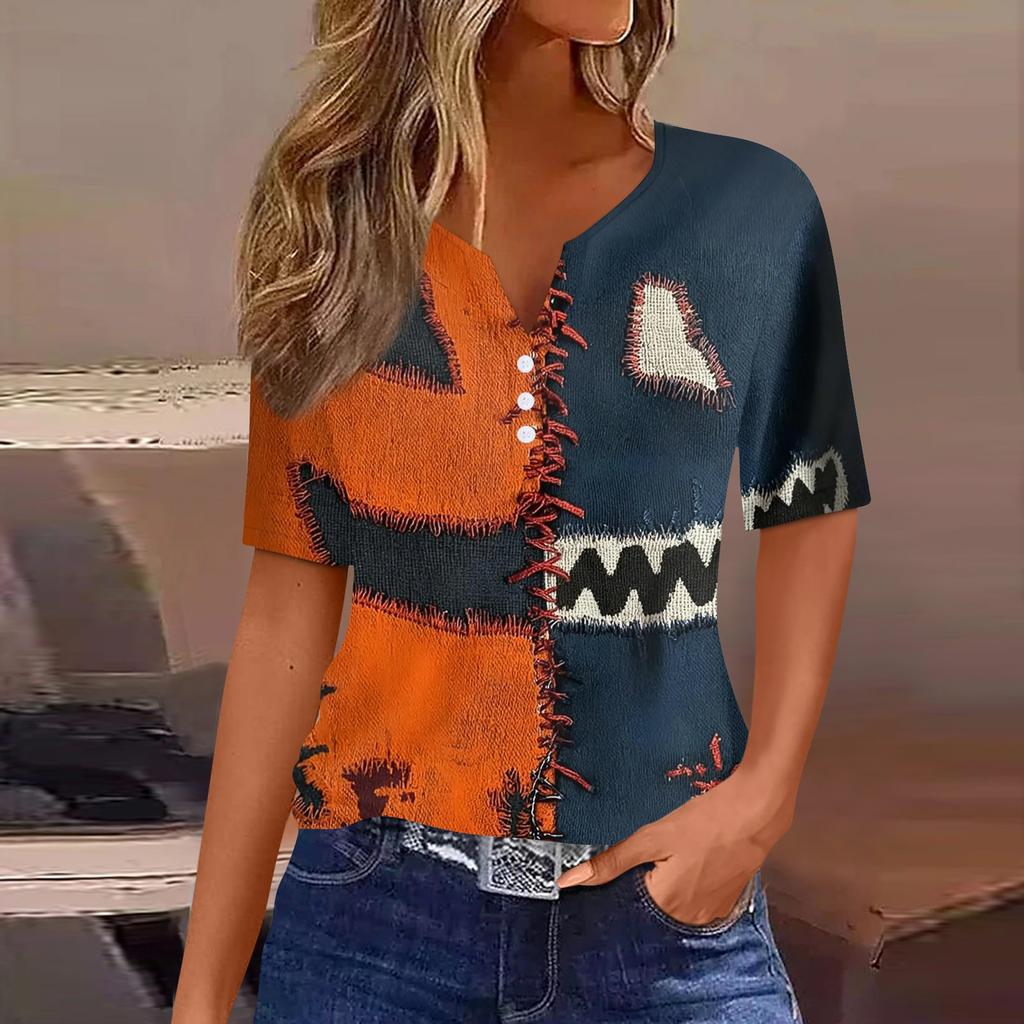 Women's Casual V Neck Short Sleeve Button Front Top Halloween Print Lightweight Blouse for Everyday Wear