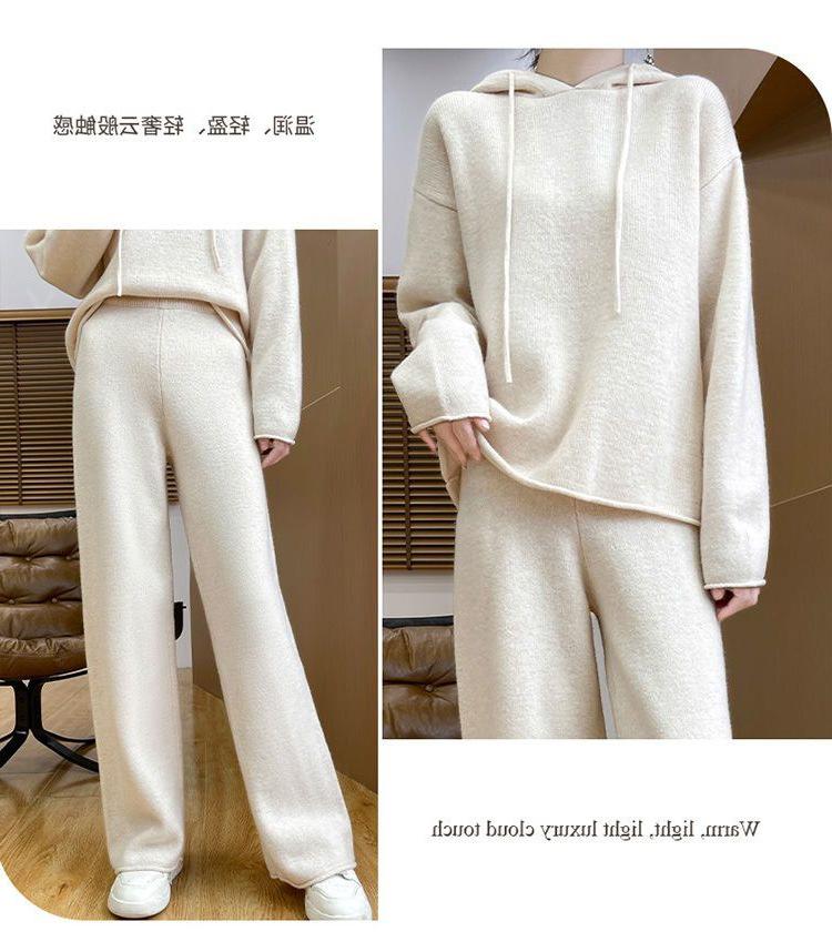 Koreanischer Stil Herbst/Winter 2025 Damen Kapuzen-Strickpullover & Weitbeinige Hosen Set