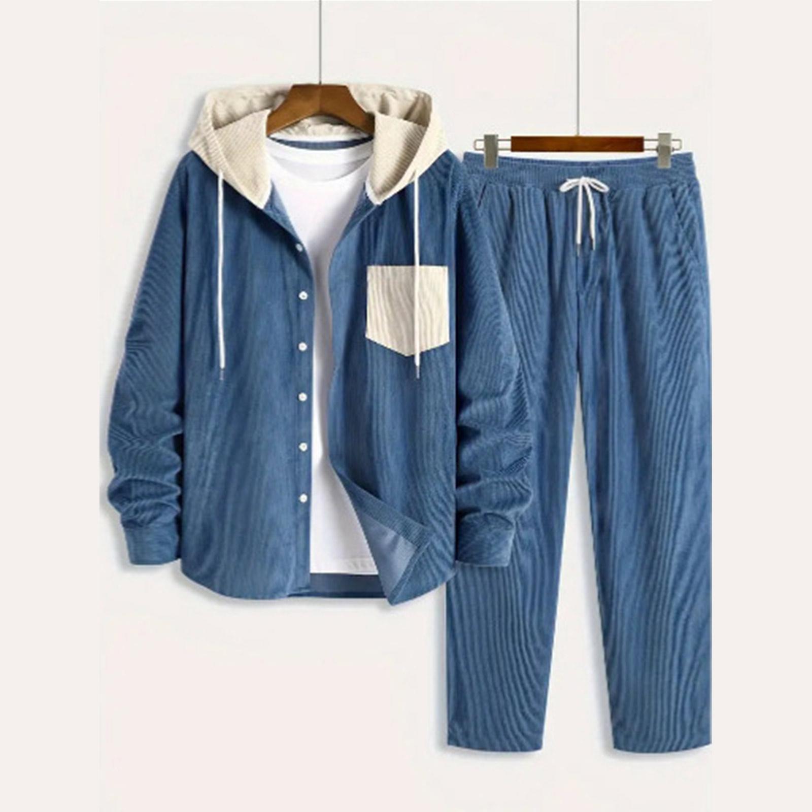 

Мужской Худи Colorblock с Капюшоном и Цветные Брюки Свободный Повседневный Модный Костюм из Двух Предметов L синий