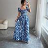 New printed puff-sleeved square collar lace-up waist elegant dress for women