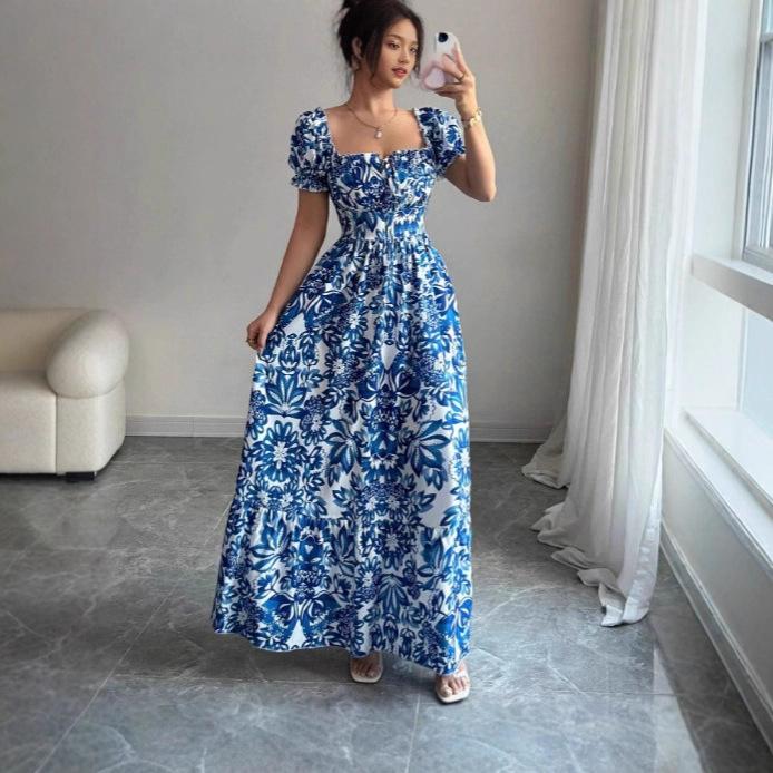 New printed puff-sleeved square collar lace-up waist elegant dress for women
