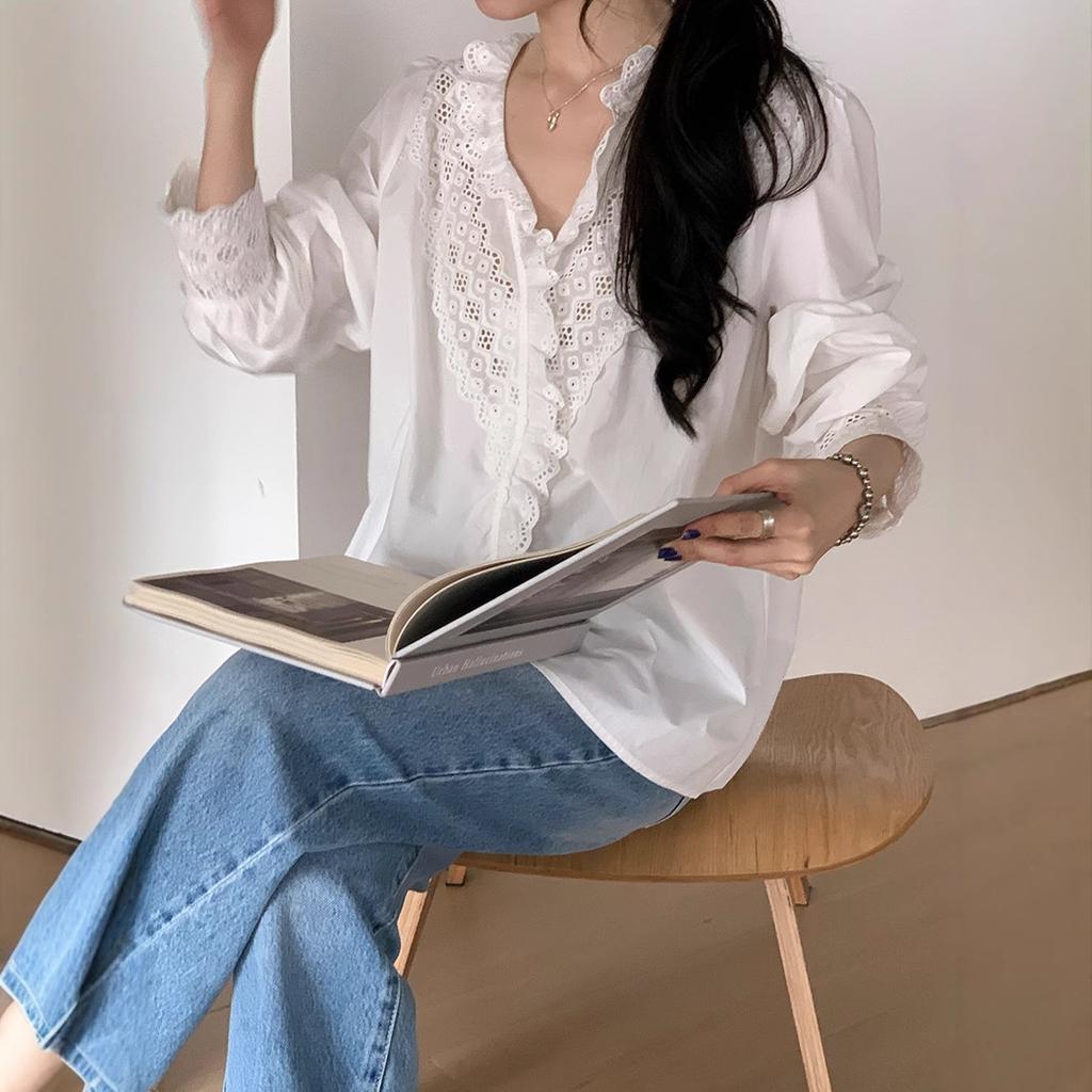 French Fungus Lace V-Neck Long Sleeve Shirt Women