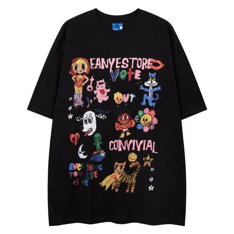 

YPRS Unisex Retro High Street Fun Print Summer T-Shirt - Loose Fit for Couples 2XL білий