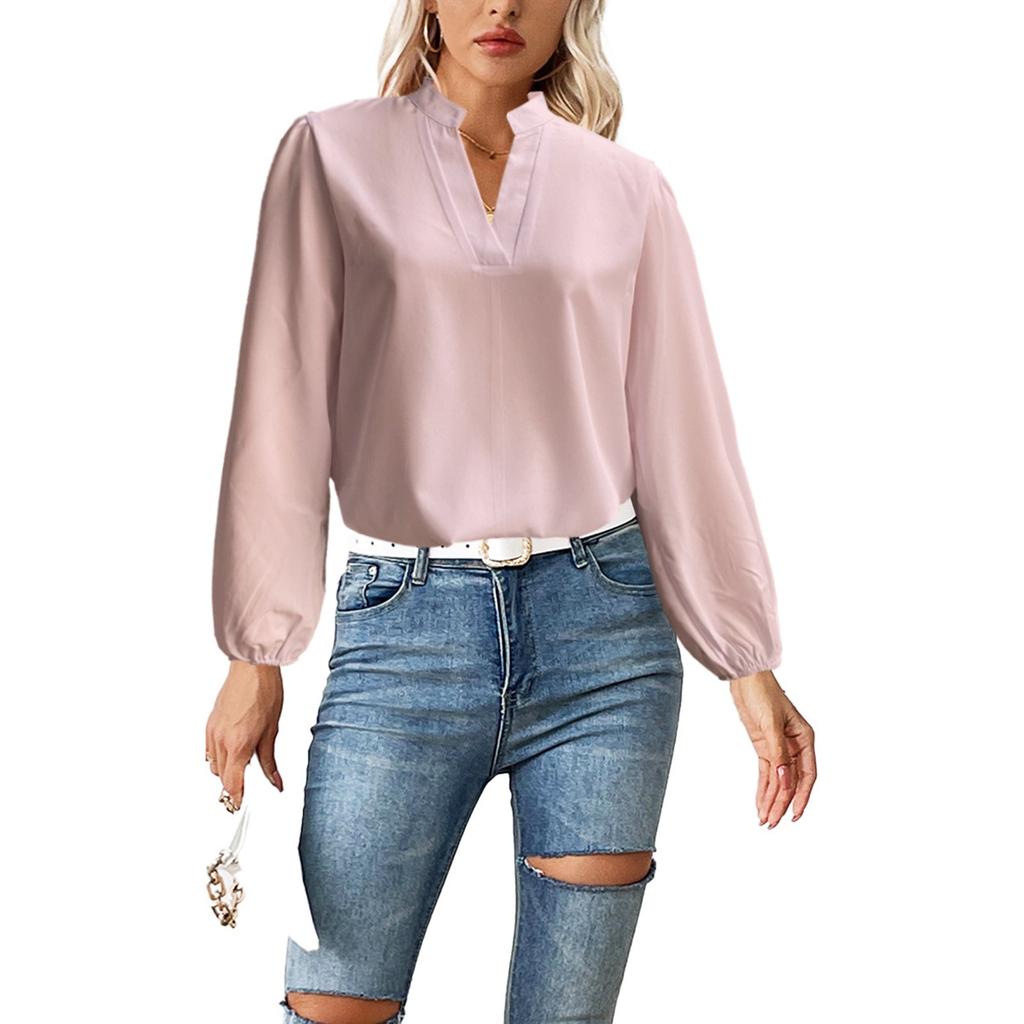 Women's Fashion Loose Standing Collar Bubble Long Sleeve Loose Shirt Casual Top