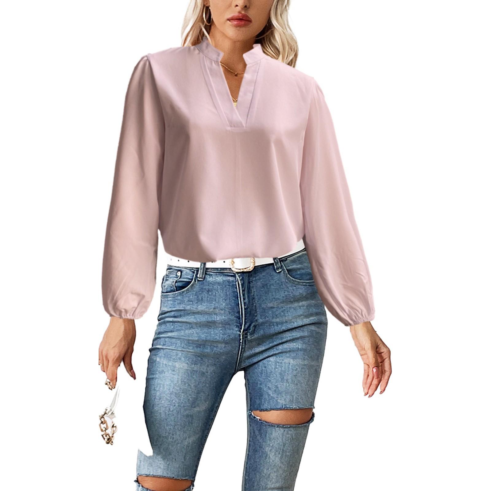 

Women s Fashion Loose Standing Collar Bubble Long Sleeve Loose Shirt Casual Top M рожевий