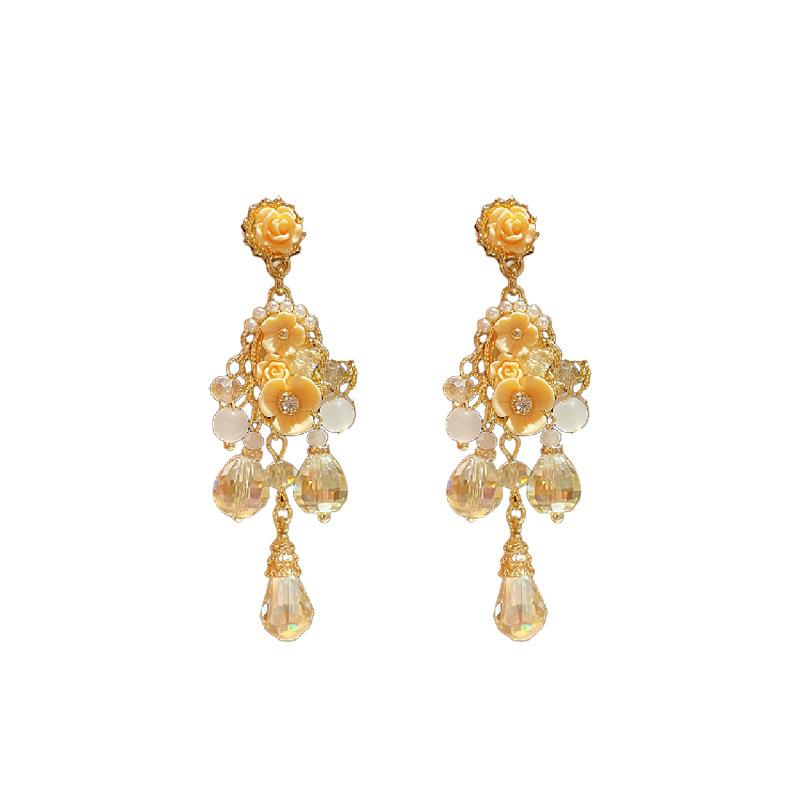 Silver Needle Flower Diamond Pearl Crystal Earrings Korean Light Luxury Tassel Earrings Sweet Mori Versatile Earrings Women