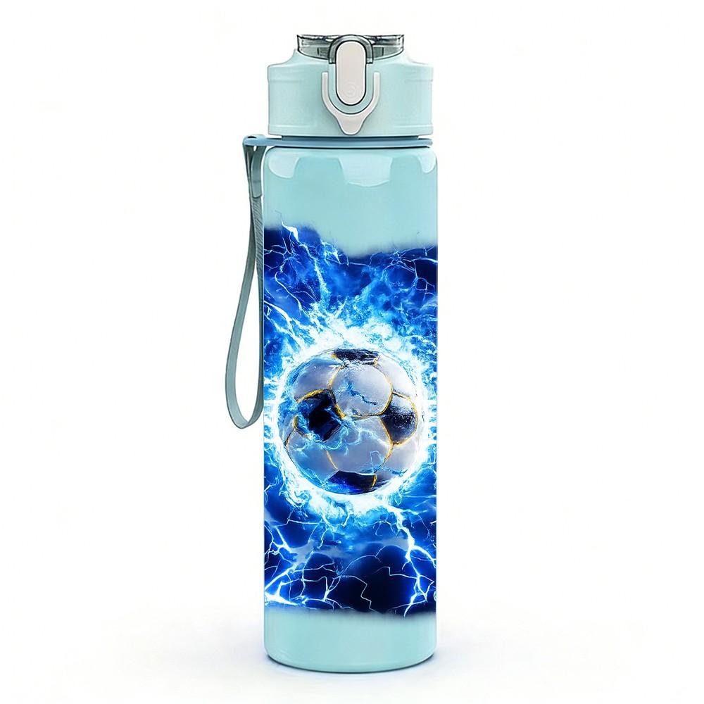 1PC Blue Lightning Soccer Ball Print 750ml Color Plastic Sports Water Bottle Leakproof Flip Straw Lid Suitable for Sports Office Home Use