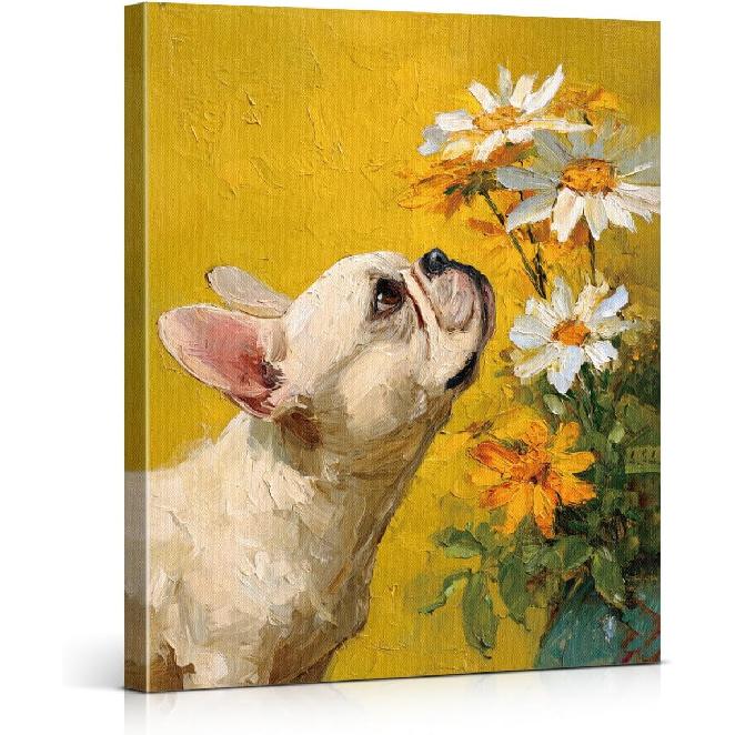 Vintage Floral French Bulldog Wall Art Print Dog Daisy Flowers Picture Painting Aesthetic Wall Decor for Home Living Room Bedroom 8x10 Canvas Framed