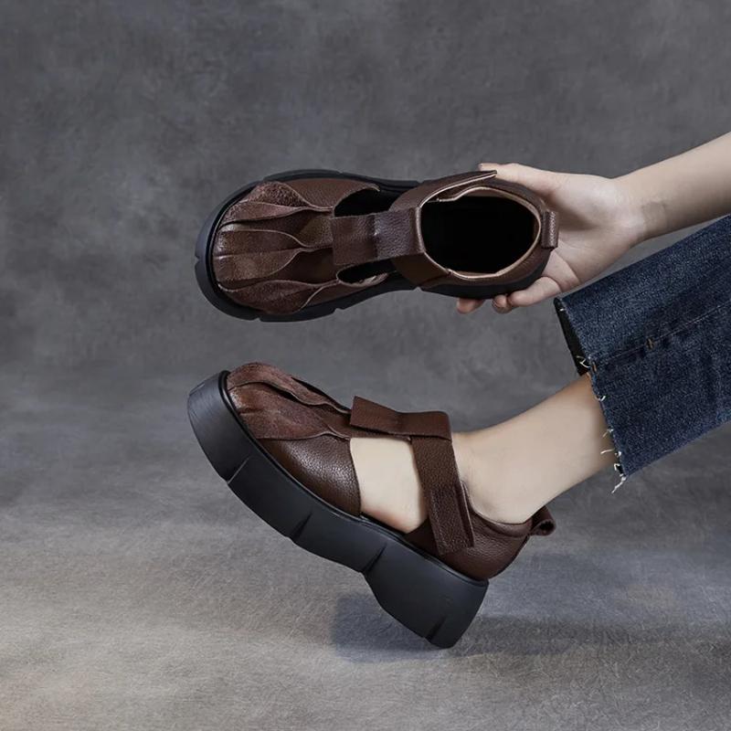 Johnature Retro Thick Soled Sandals Genuine Leather Comfortable Round Toe Versatile Women's Platform Shoes