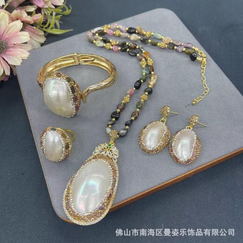 Natural Mabe Pearl Tourmaline Stone Set Women Original Design Minimalist Jewelry Collection
