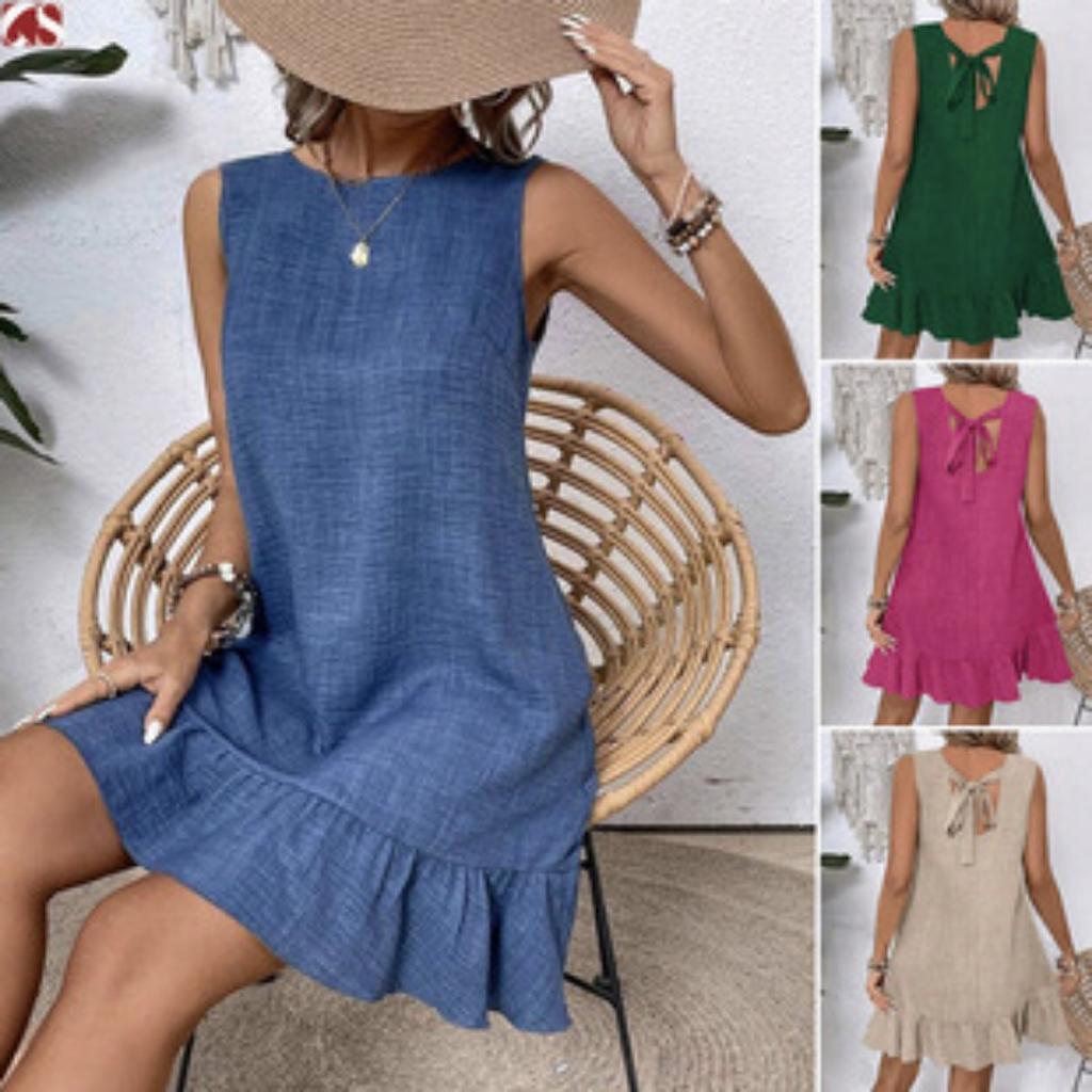 Spring Summer Women's Loose Round Neck Sleeveless Pocket Maxi Dress Casual Pullover Long Dress for Women