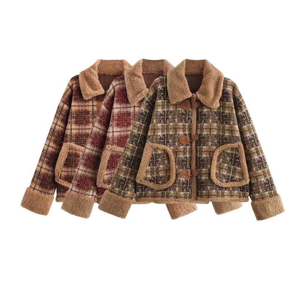 2024 Autumn Women's European & American Plaid Knit Cardigan with Lambswool Collar & Cuffs