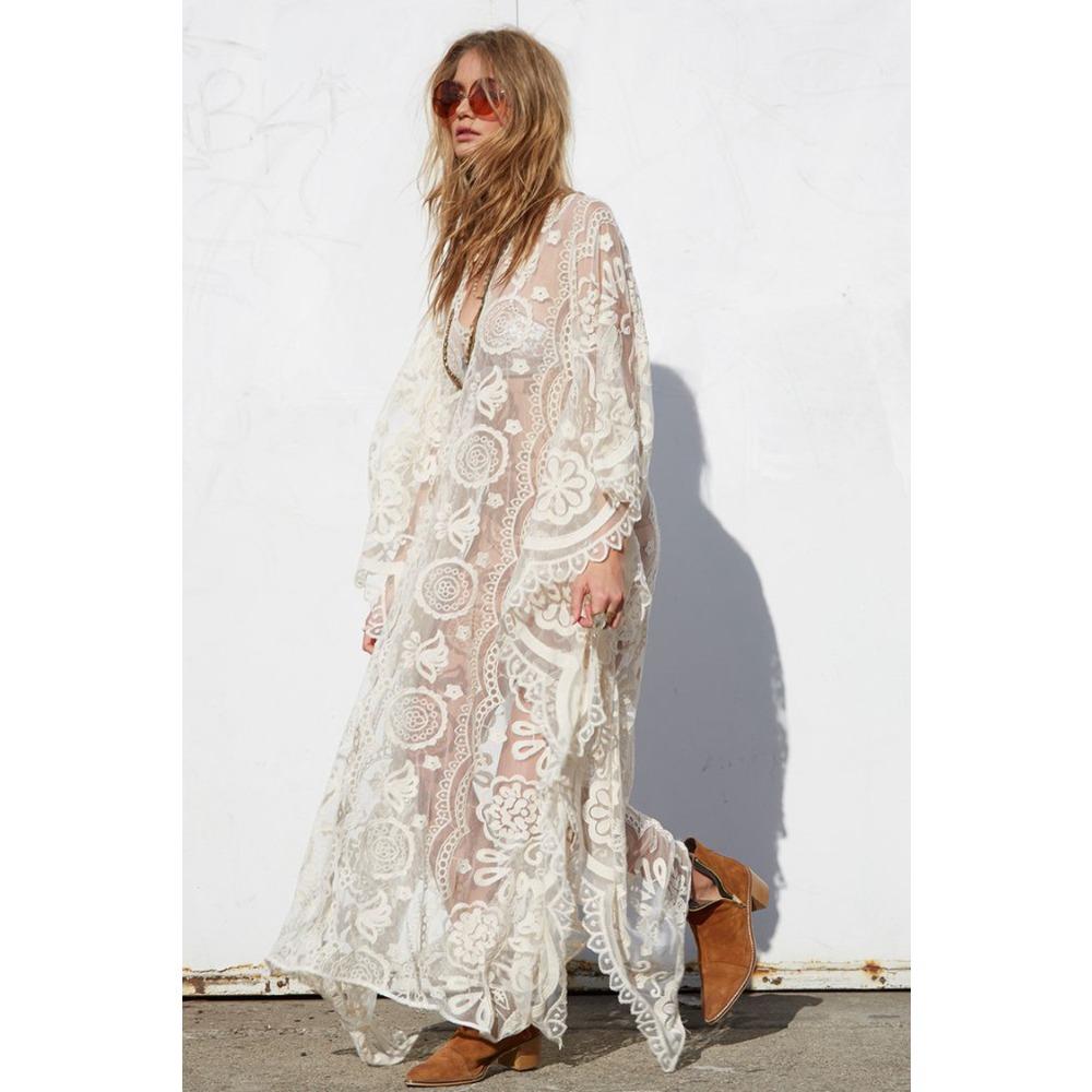 

Женское Горячее Предложение Кружевное Ажурное Платье Макси для Отпуска Пляжное Защищающее от Солнца Туника Бохо Сексуальное Платье One size fits all белый