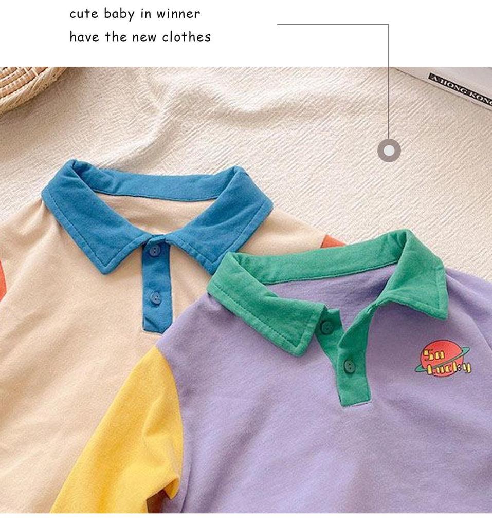 Children's Polo Shirt - Korean Style, Contrasting Colors, Cotton, Long-Sleeve, Lightweight, for Spring and Autumn.