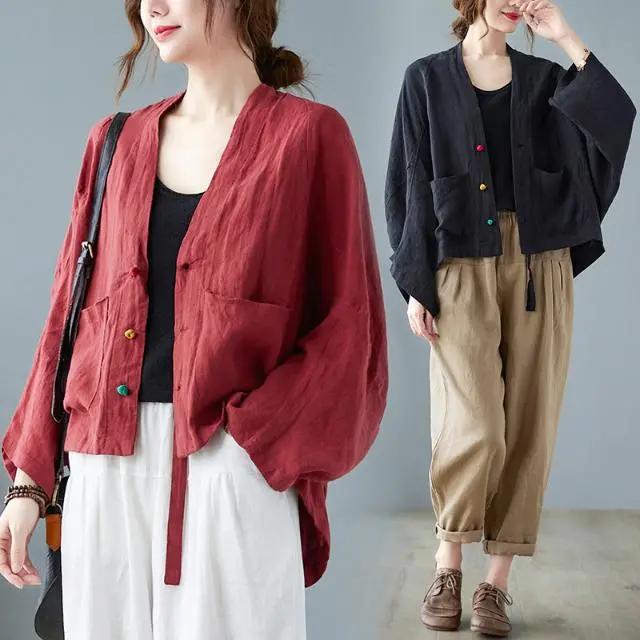 Damen Langarmjacken Herbst Vintage-Stil Alleskönner Locker Bequem Baumwolle Leinen Weiblich Lässige Mäntel