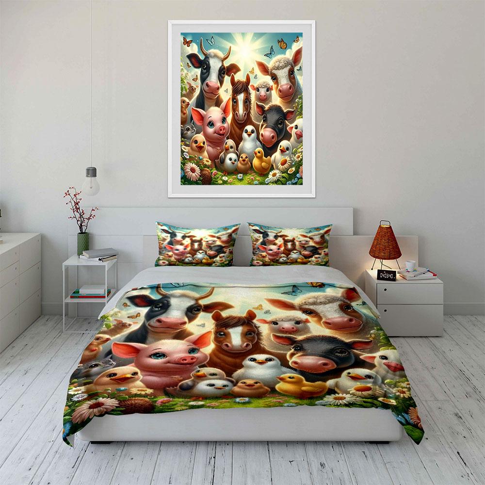 Farm Animals and Nature Cartoon Design Print Bedding Set Duvet Cover Pillowcases (1* Duvet Cover 2* Pillowcases Do Not Include Comforter)