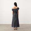 GREEN BELT Blue-Black Plaid Off-Shoulder A-Line Long Dress