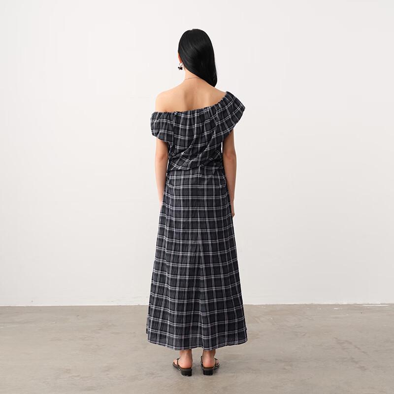 GREEN BELT Blue-Black Plaid Off-Shoulder A-Line Long Dress
