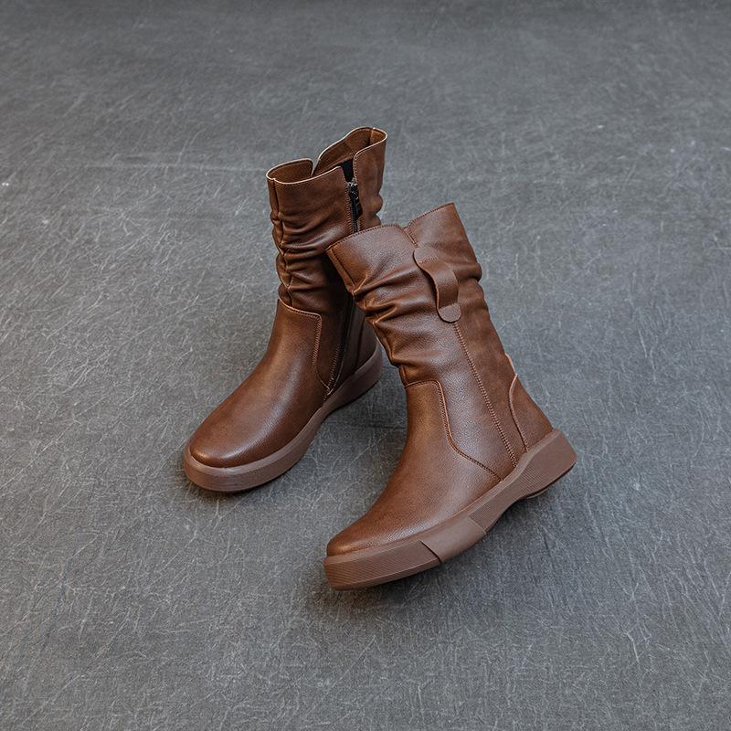 Stylish Women's Genuine Leather Mid-Calf Martin Boots - Versatile, Warm & Thick Soled for Autumn/Winter