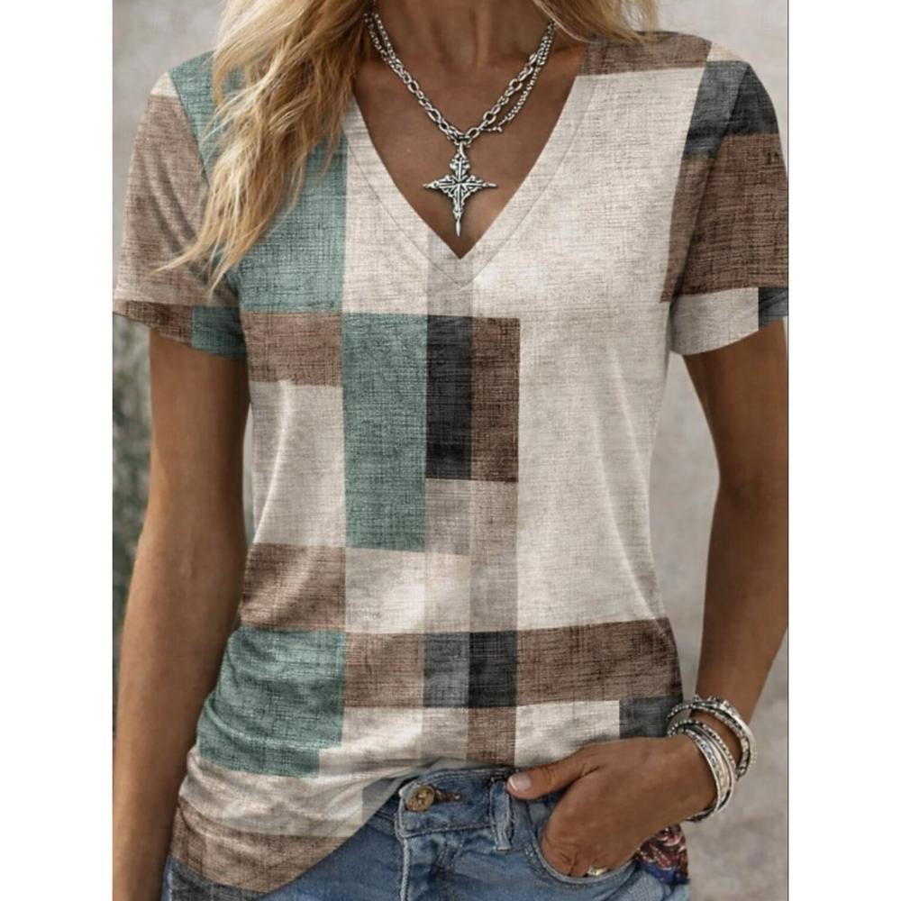 Women s Abstract Striped Print T-Shirt, V-Neck Short Sleeve Long Tops, Spring Summer S