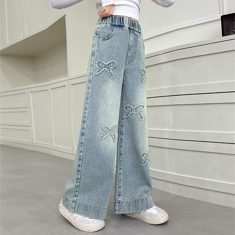 American Retro Kids Baggy Jeans with Bows for Girls Fashion Stretch Elastic Waist Denim Pants Child Wide Leg Jeans Trousers