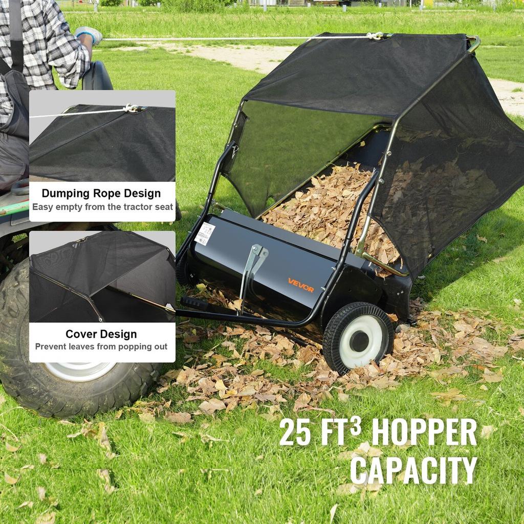 Tow Behind Lawn Sweeper, 111.7 Cm Pull Behind Lawn Sweeper, 25 Cu. Ft Large Capacity Leaf & Grass Collector, Heavy Duty Garden Sweeper with Adjustable